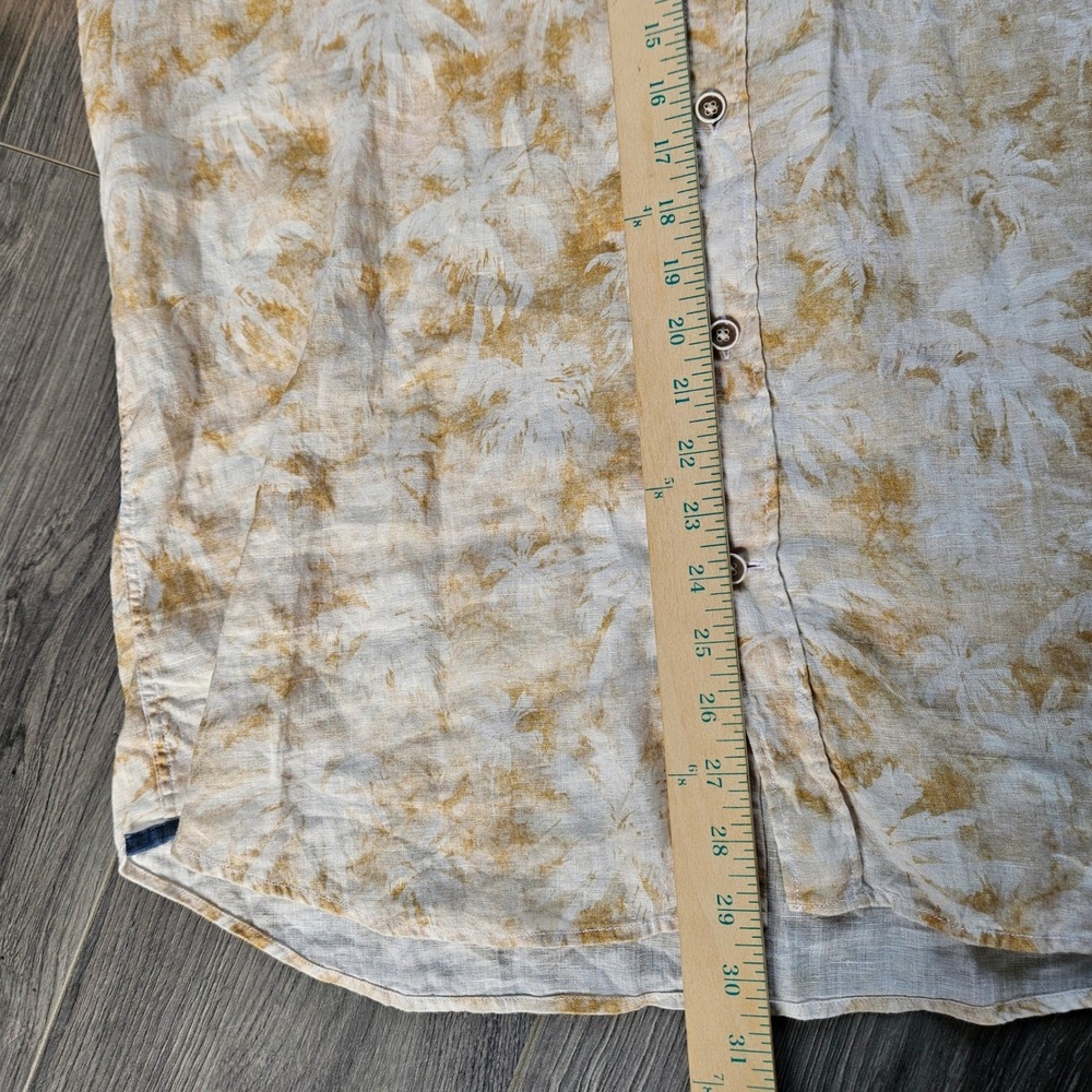 32 Bar Blues Mens Short Sleeve Linen Palm Print Button Down Shirt Tan Cream L - Picture 9 of 10